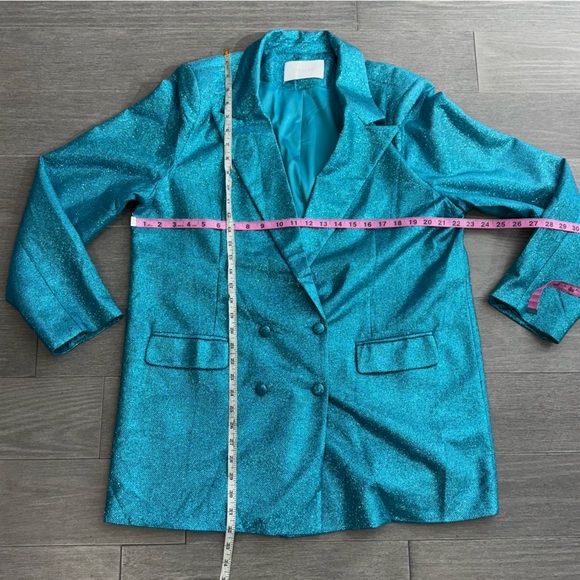 Meshki Becky Shimmer Oversized Blazer Dress Aquamarine L Mermaid Glitter Festive - Picture 16 of 16